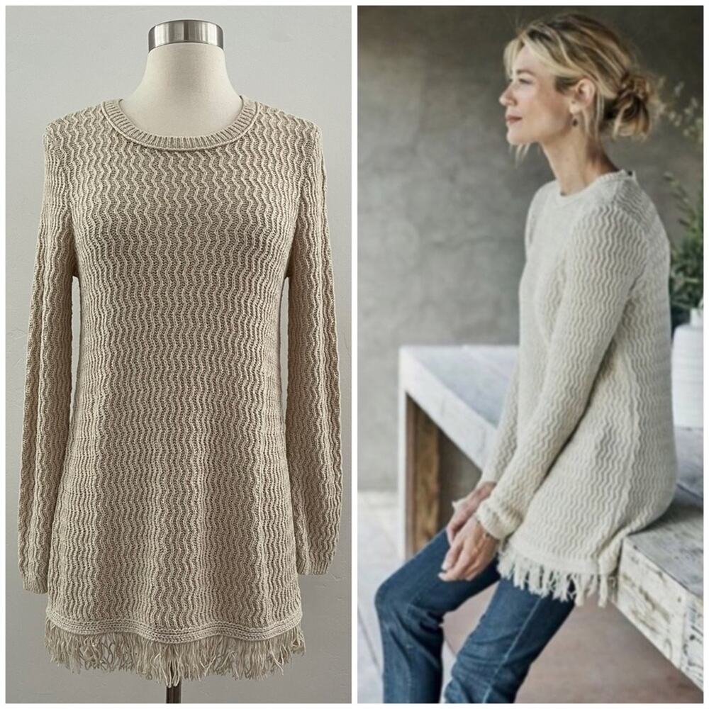 J. Jill Sweater XS Fringe Tunic Knit Modest Minimalist Monochrome Neutral NEW
